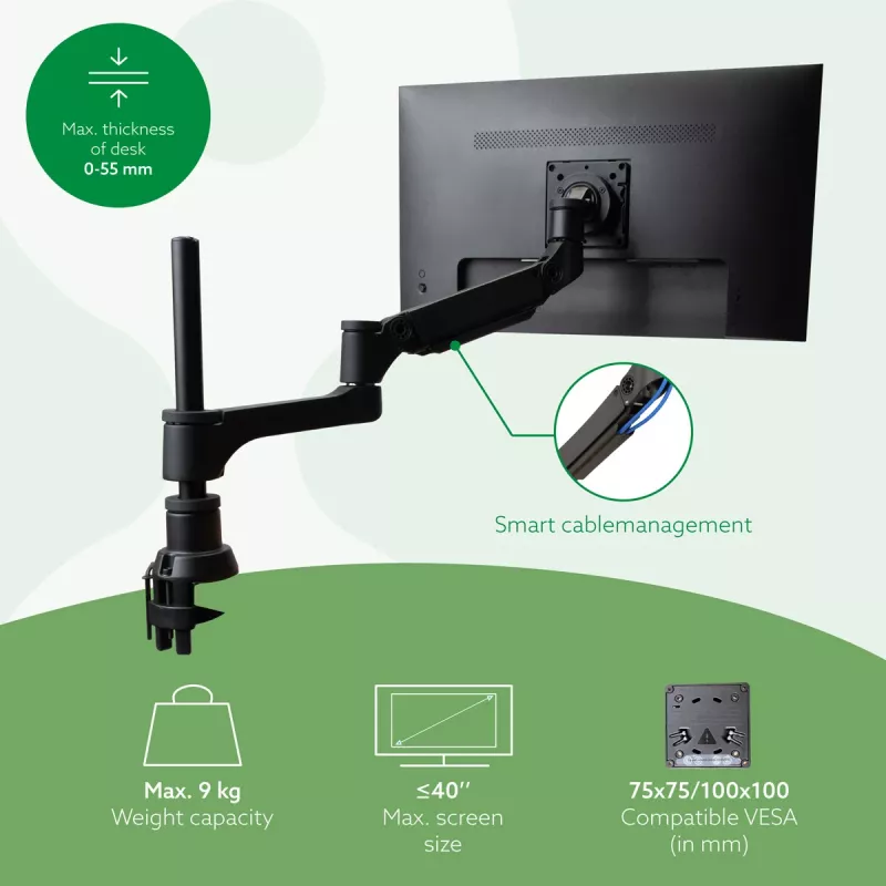 R-Go Tools Monitorarm R-Go Caparo Single, vollständig verstellbar mit Gasfeder, 3-9 kg Tragfähigkeit, 100% zirkulär, schwarz