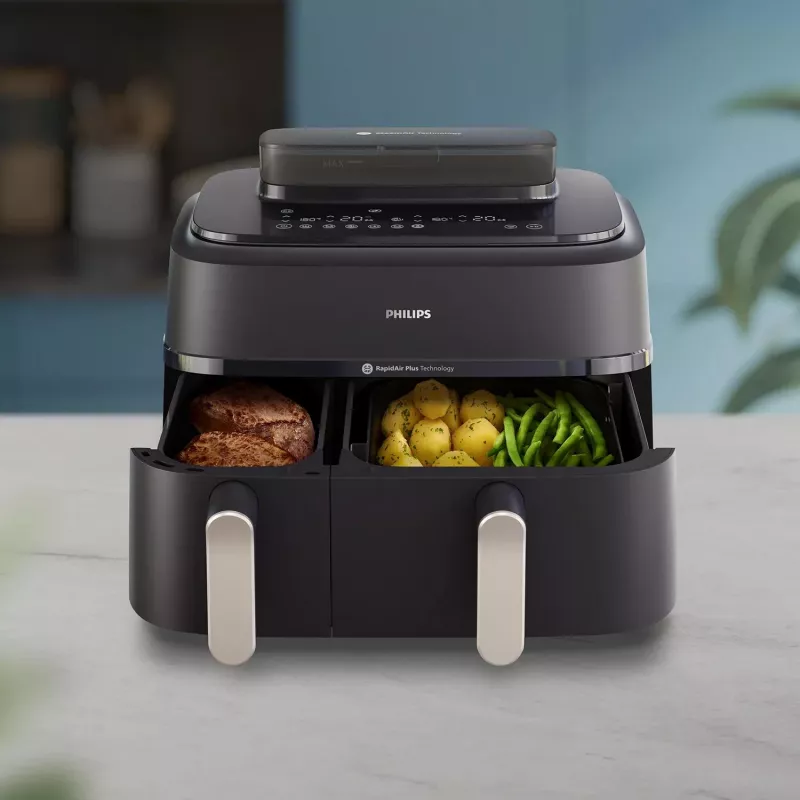 Heißluftfritteuse Philips 5000 Serie NA551/00 — 9 L Kapazität, 2300 W, Touch-Steuerung, LED-Anzeige, schwarz/silber