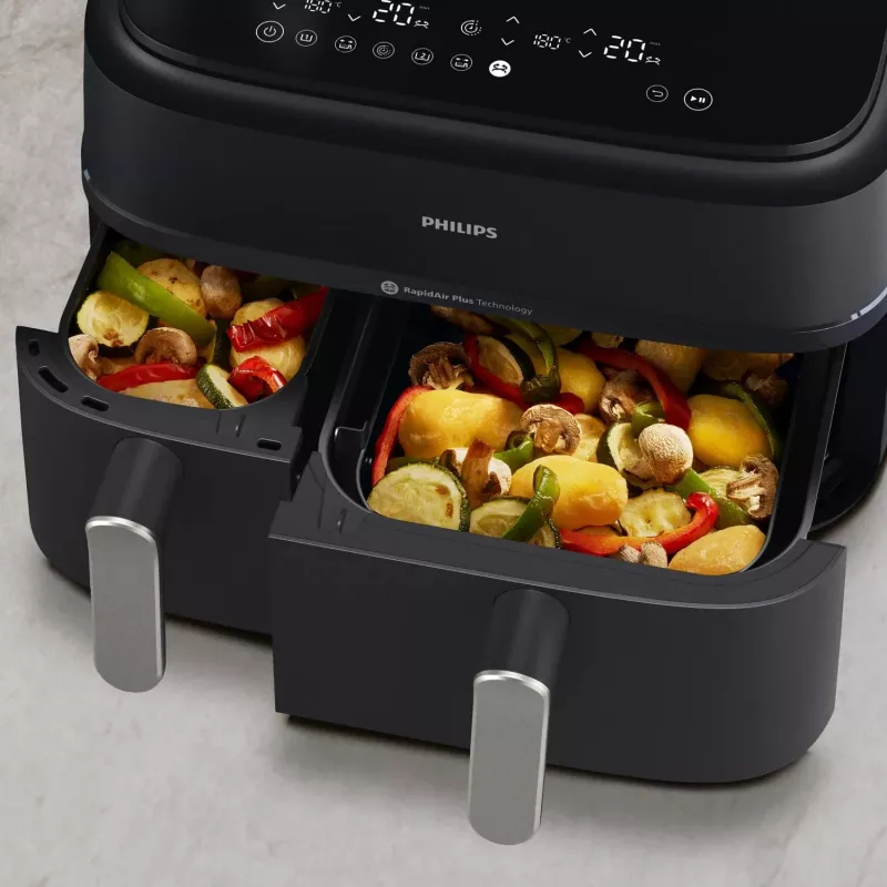 Heißluftfritteuse Philips 5000 Serie NA551/00 — 9 L Kapazität, 2300 W, Touch-Steuerung, LED-Anzeige, schwarz/silber