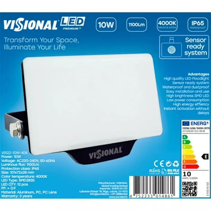 LED-Wandleuchte VISIONAL VS122-10W-40K — 10 W, 1100 lm, 4000 K für Außen-/Fassadenbeleuchtung