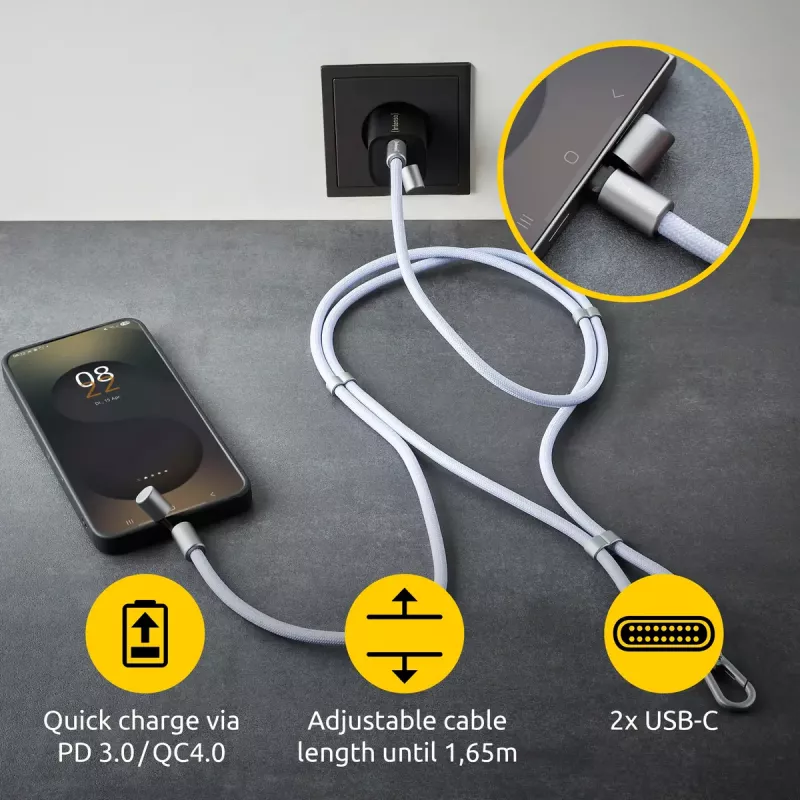 Intenso USB-C Ladekabel-Trageband Handy-Halsband 60W Schnellladung, verstellbare Länge 1,65 m, Nylon, Lila