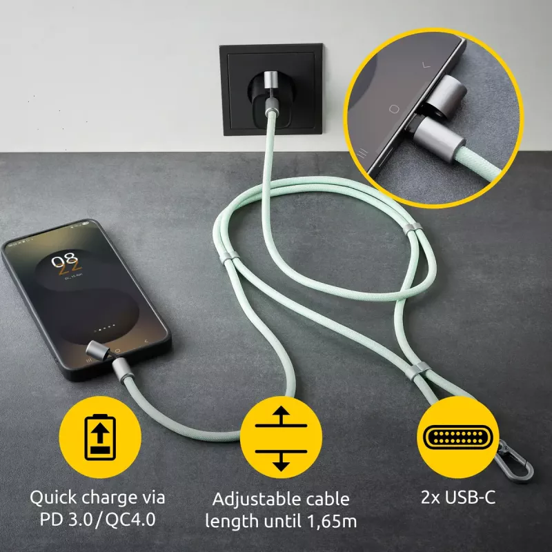 Intenso USB-C Ladeband Handy-Halsband-Kabel 60W Schnellladung verstellbare Länge 1,65m Nylon Grün