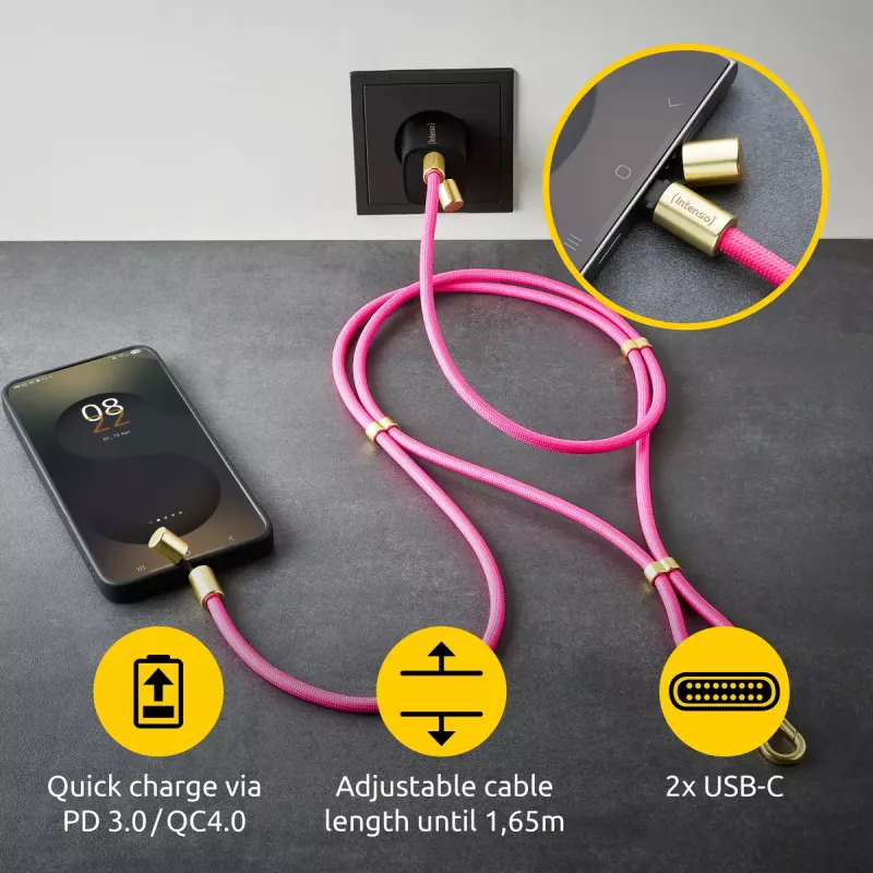 Intenso USB-C Ladekabel-Halsband Handy-Umhängekabel 60 W Schnellladung verstellbare Länge 1,65 m Nylon Neopink