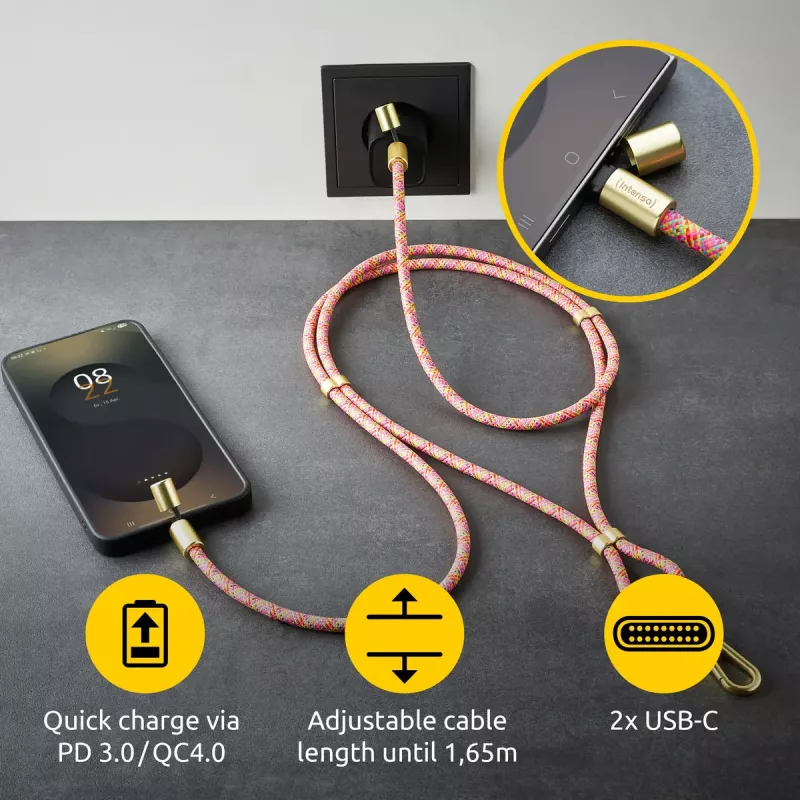 Intenso USB-C Lade-Lanyard Telefon-Halsbandkabel 60 W Schnellladung verstellbare Länge 1,65 m Nylon Mehrfarbig