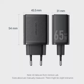 Vention FERW0-EU 65W Indoor AC-Schnellladegerät für Laptop, Smartphone, Tablet, Smartwatch, Kopfhörer, 2× USB-C, Weiß