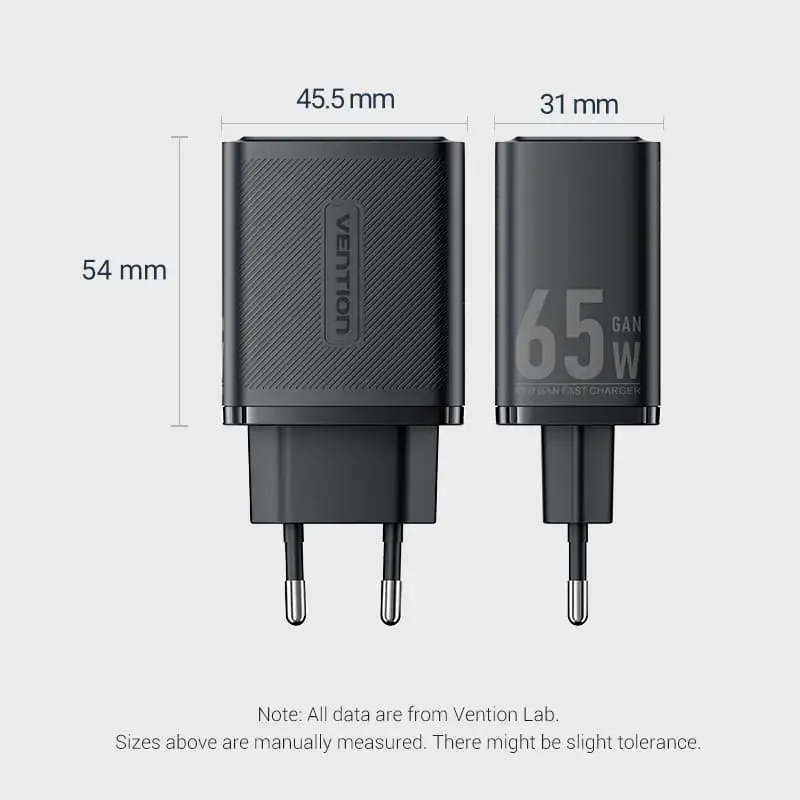 Vention FERW0-EU 65W Indoor AC-Schnellladegerät für Laptop, Smartphone, Tablet, Smartwatch, Kopfhörer, 2× USB-C, Weiß