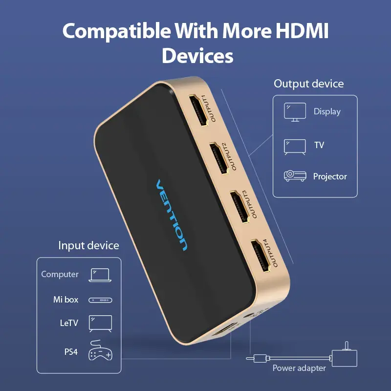 HDMI Splitter Vention 1 In 4 Out 4K@30Hz Gold Aluminiumlegierung