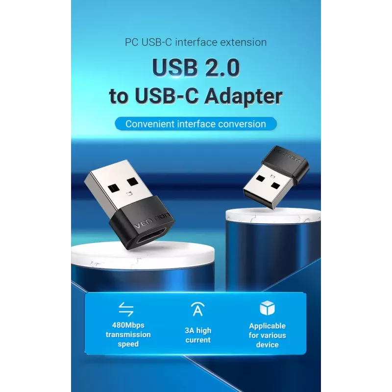 USB Adapter Vention CDWB0 USB 2.0 Stecker auf USB-C Buchse Schwarz PVC