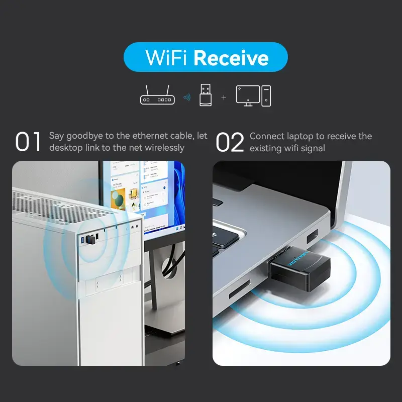 Vention USB Wi-Fi Dualband-Adapter 2,4G/5G Schwarz Wireless USB 433 Mbit/s