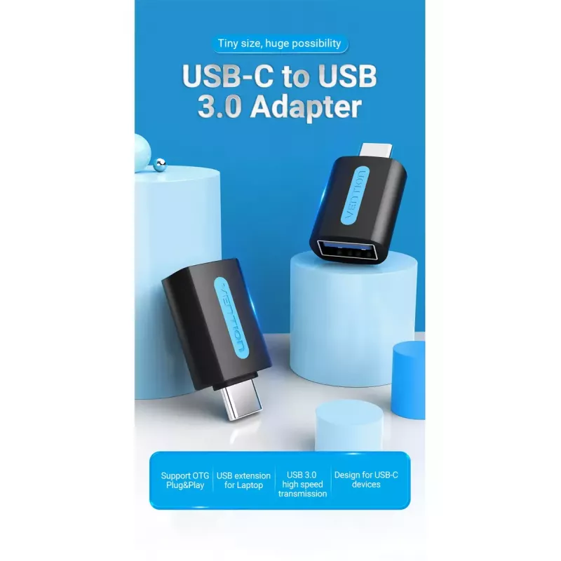 Vention USB-C auf USB 3.0 OTG Adapter CDUB0 — USB-C Stecker auf USB-A Buchse, schwarz PVC, vernickelte Kontakte