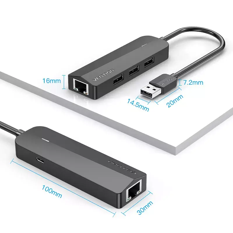 USB 2.0 Hub Vention 3-Port mit 100M Ethernet Adapter, USB 2.0 Host, 4 Ports, Schwarz