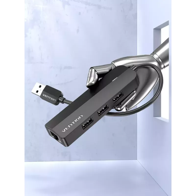 USB 2.0 Hub Vention 3-Port mit 100M Ethernet Adapter, USB 2.0 Host, 4 Ports, Schwarz