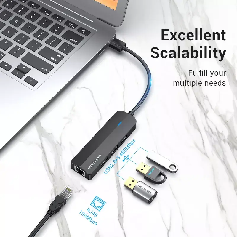 USB 2.0 Hub Vention 3-Port mit 100M Ethernet Adapter, USB 2.0 Host, 4 Ports, Schwarz