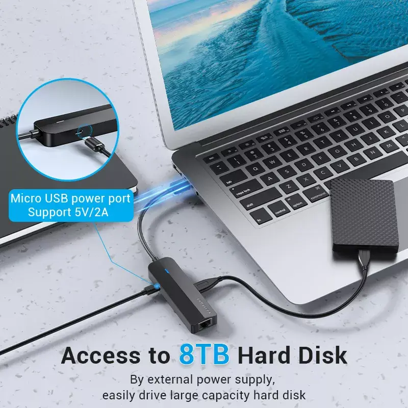 USB 2.0 Hub Vention 3-Port mit 100M Ethernet Adapter, USB 2.0 Host, 4 Ports, Schwarz