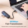 USB 2.0 Hub Vention 3-Port mit 100M Ethernet Adapter, USB 2.0 Host, 4 Ports, Schwarz