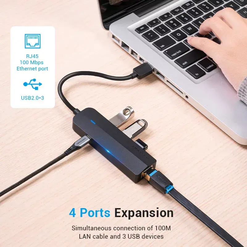 USB 2.0 Hub Vention 3-Port mit 100M Ethernet Adapter, USB 2.0 Host, 4 Ports, Schwarz