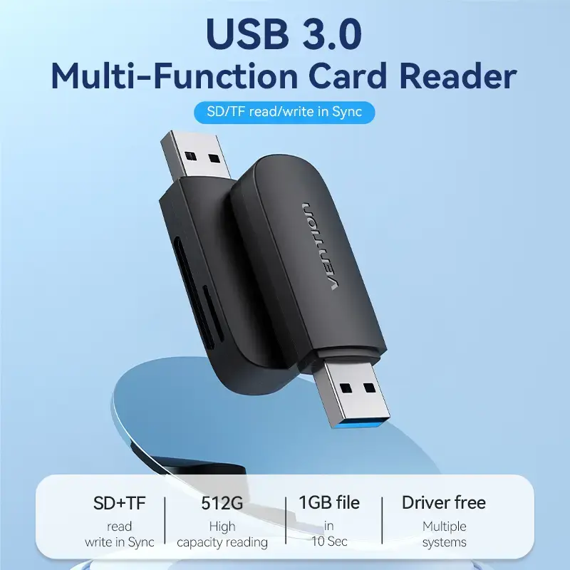 Vention 2-in-1 USB 3.2 Gen 1 (USB 3.0) Kartenleser — SD & MicroSD, Schwarz, Kompakt