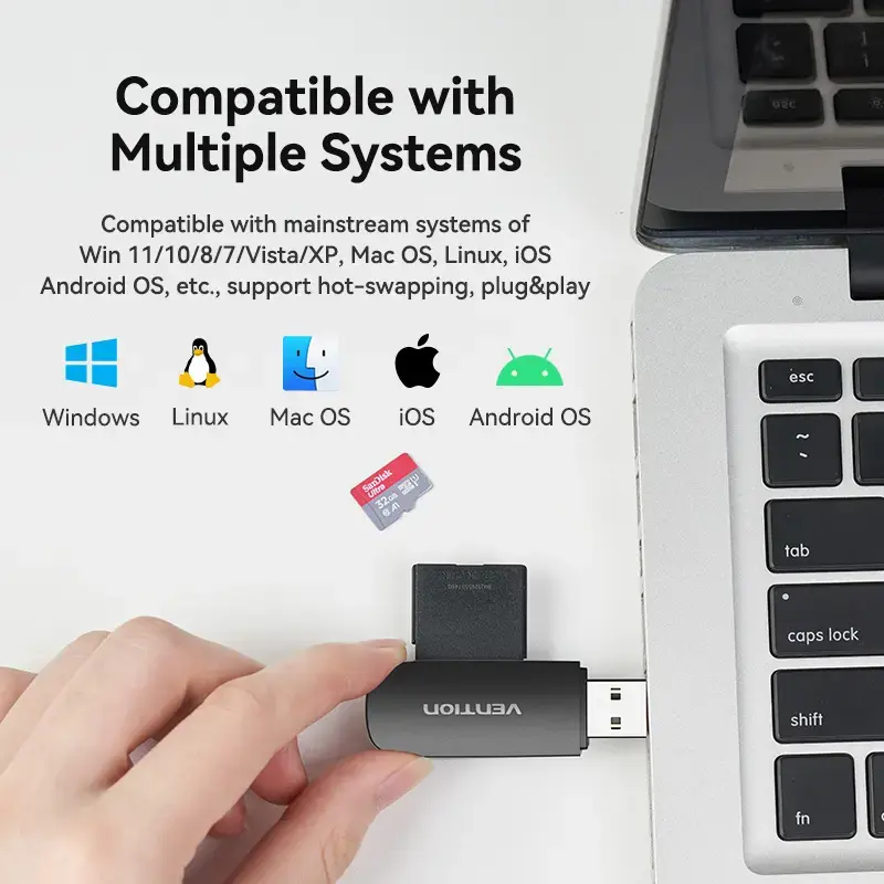Vention 2-in-1 USB 3.0 A Card Reader SD+TF, USB 3.2 Gen 1, 5000 Mbit/s, Schwarz