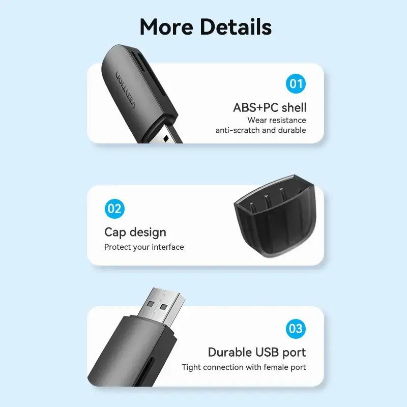 Vention 2-in-1 USB 3.0 A Card Reader SD+TF, USB 3.2 Gen 1, 5000 Mbit/s, Schwarz