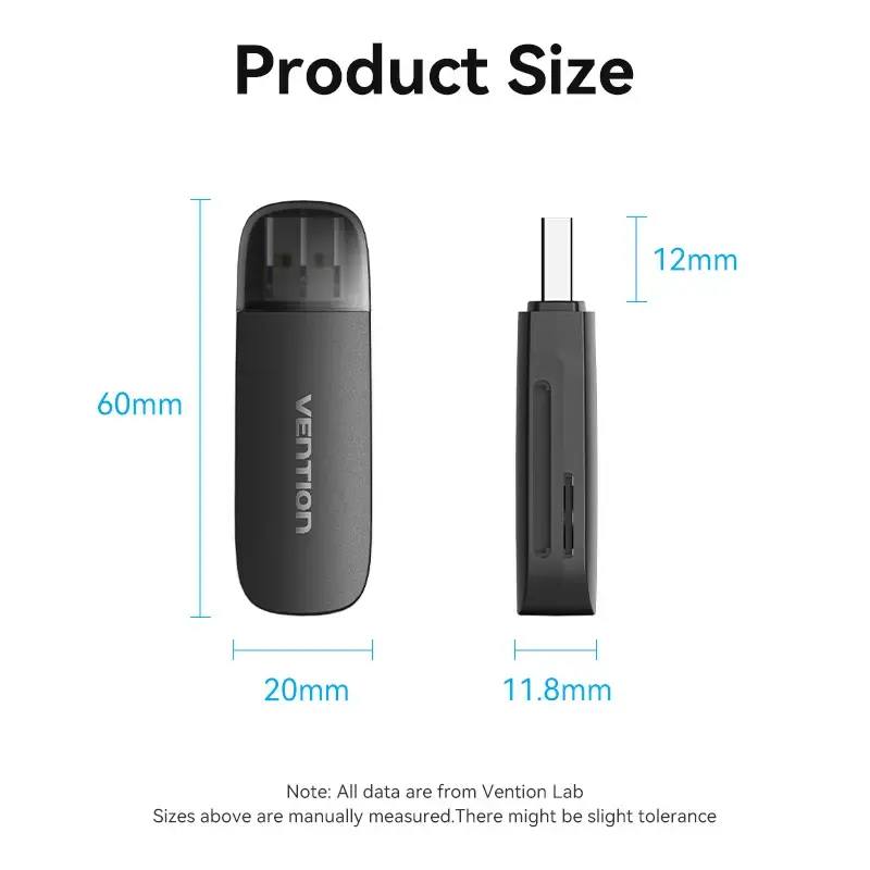 Vention 2-in-1 USB 3.0 A Card Reader SD+TF, USB 3.2 Gen 1, 5000 Mbit/s, Schwarz