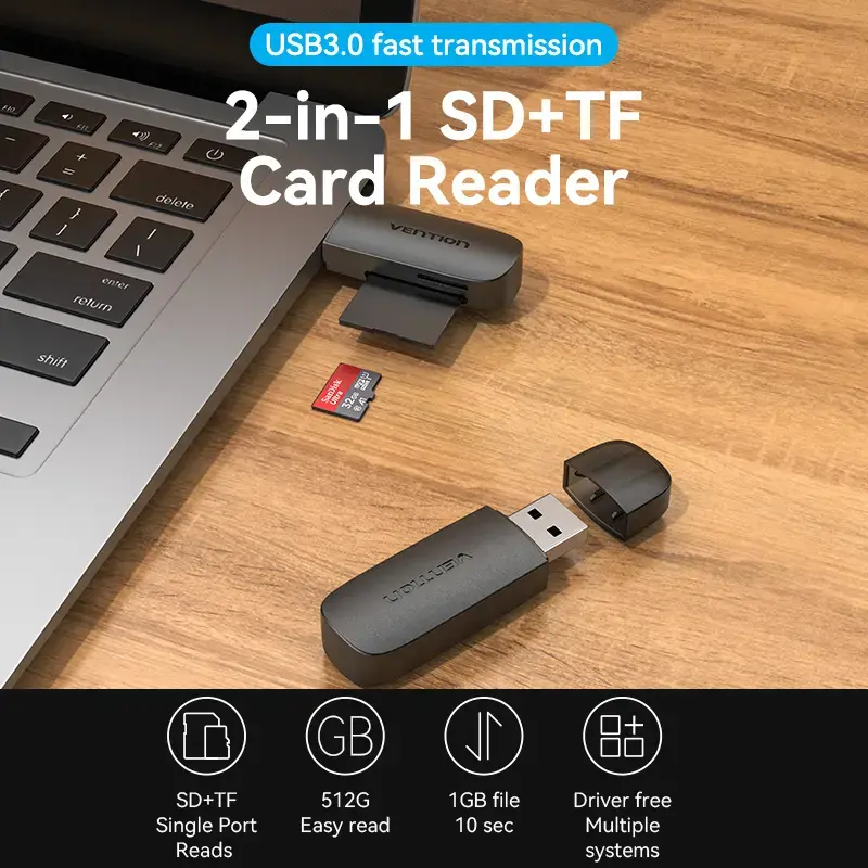 Vention 2-in-1 USB 3.0 A Card Reader SD+TF, USB 3.2 Gen 1, 5000 Mbit/s, Schwarz