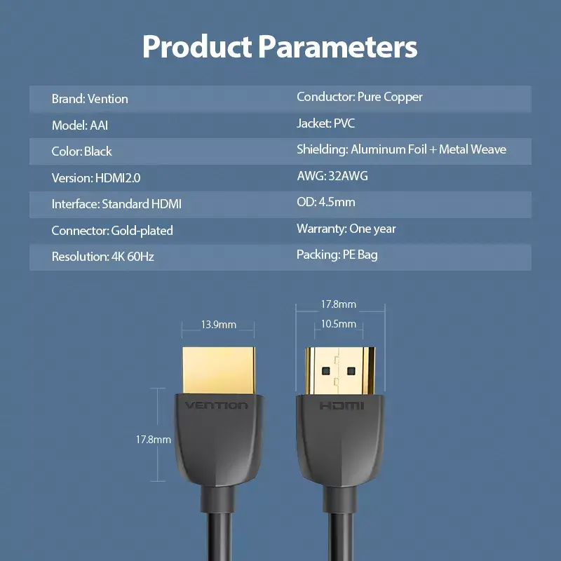 Vention Tragbares HDMI-Kabel 1M Schwarz 2.0 18 Gbit/s
