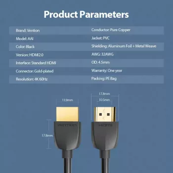 Vention Tragbares HDMI-Kabel 3M Schwarz HDMI 2.0 18 Gbit/s