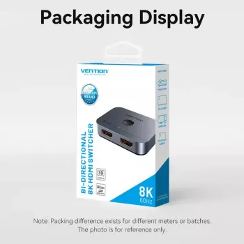 Vention bidirektionaler 2-Port-8K-HDMI-Umschalter AKPH0, HDMI 2.1, 7680×4320@60Hz, USB-C-Stromversorgung, Aluminium, Grau