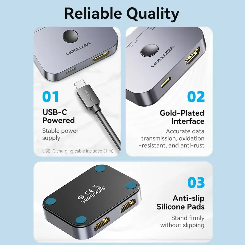 Vention bidirektionaler 2-Port-8K-HDMI-Umschalter AKPH0, HDMI 2.1, 7680×4320@60Hz, USB-C-Stromversorgung, Aluminium, Grau