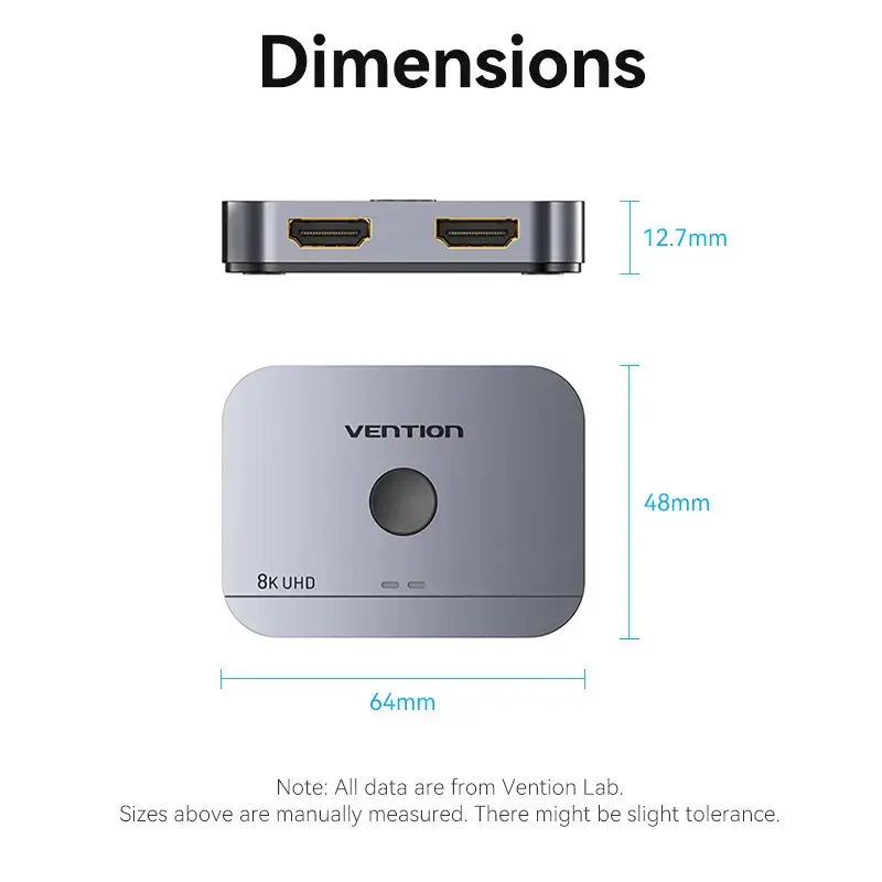 Vention bidirektionaler 2-Port-8K-HDMI-Umschalter AKPH0, HDMI 2.1, 7680×4320@60Hz, USB-C-Stromversorgung, Aluminium, Grau