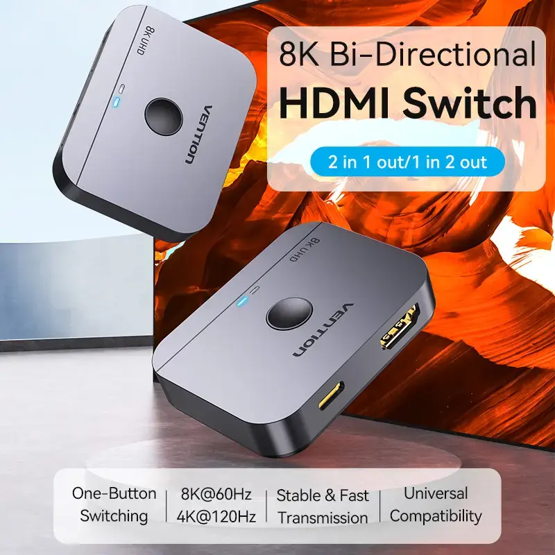 Vention bidirektionaler 2-Port-8K-HDMI-Umschalter AKPH0, HDMI 2.1, 7680×4320@60Hz, USB-C-Stromversorgung, Aluminium, Grau
