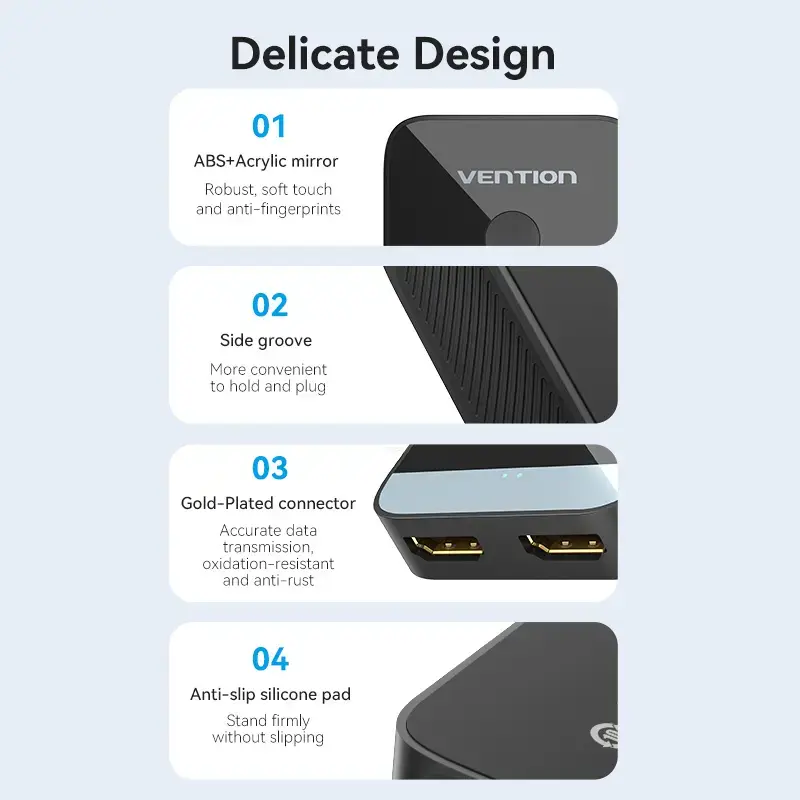 HDMI 2-Port Bi-Direction 4K Switcher Vention AKOB0 — 3 HDMI-Anschlüsse, 3840×2160@60Hz, ABS, Plug and Play