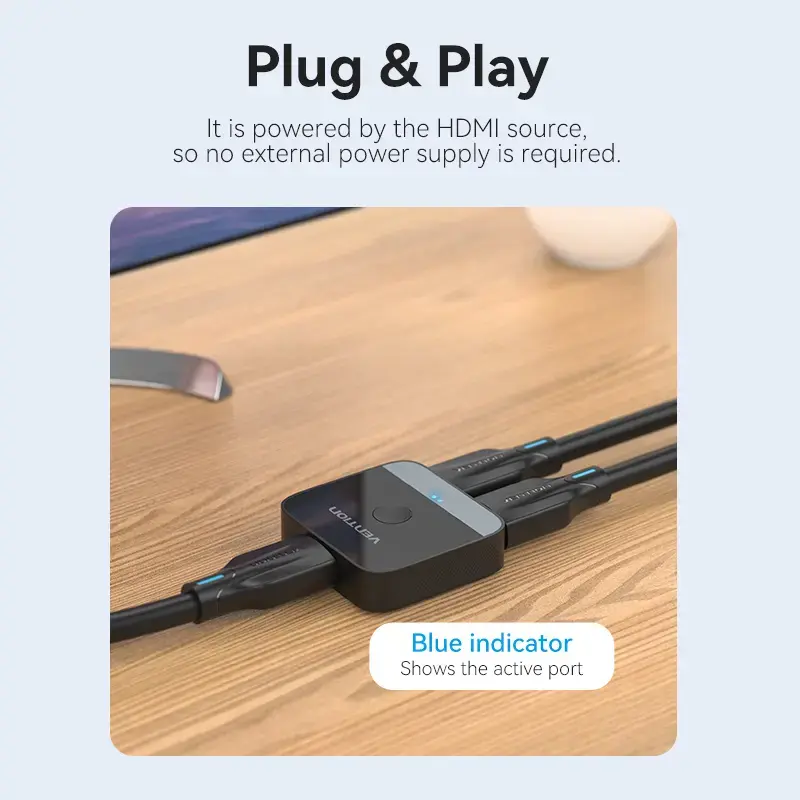 HDMI 2-Port Bi-Direction 4K Switcher Vention AKOB0 — 3 HDMI-Anschlüsse, 3840×2160@60Hz, ABS, Plug and Play