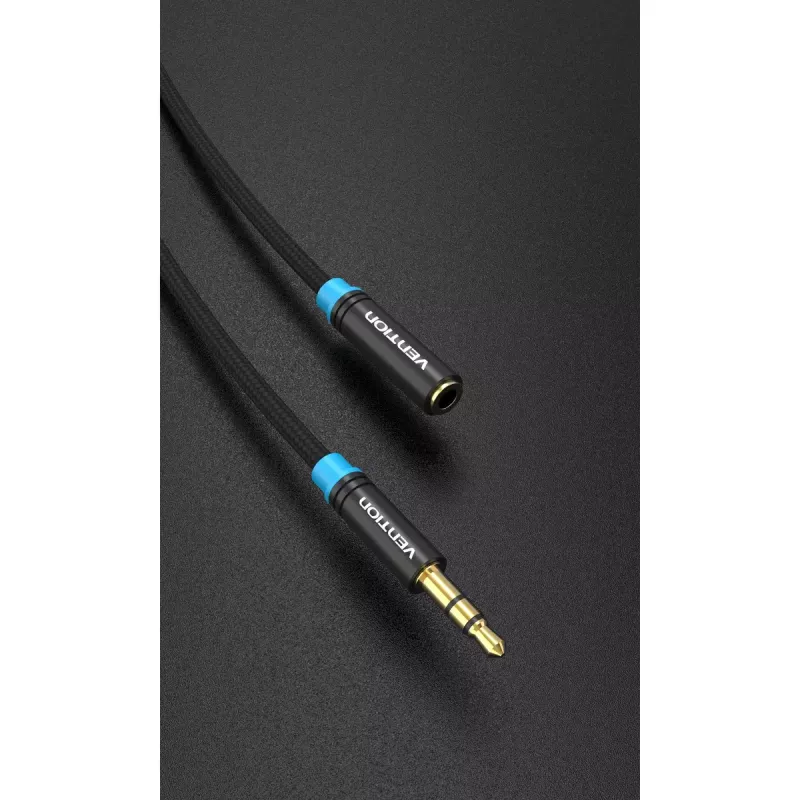 Audio-Verlängerungskabel Vention 3,5 mm 1,5 m, Stecker auf Buchse, baumwollummantelt, schwarze Metallausführung