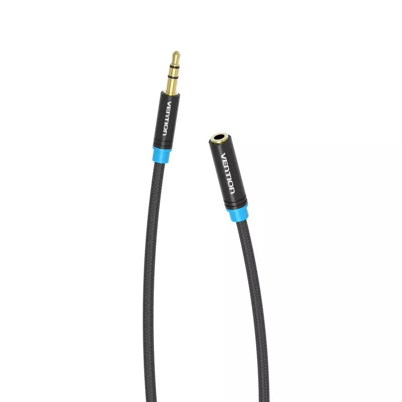 Audio-Verlängerungskabel Vention 3,5 mm 1,5 m, Stecker auf Buchse, baumwollummantelt, schwarze Metallausführung