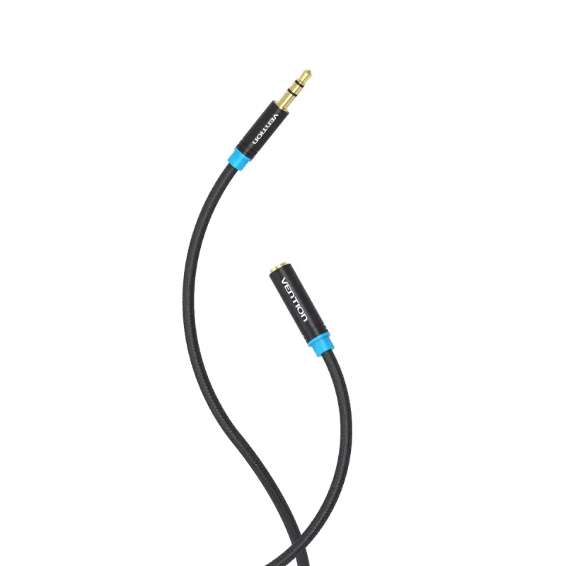 Audio-Verlängerungskabel Vention 3,5 mm 1,5 m, Stecker auf Buchse, baumwollummantelt, schwarze Metallausführung