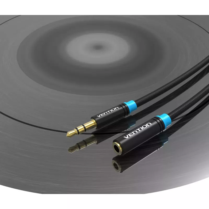 Audio-Verlängerungskabel Vention 3,5 mm 1,5 m, Stecker auf Buchse, baumwollummantelt, schwarze Metallausführung
