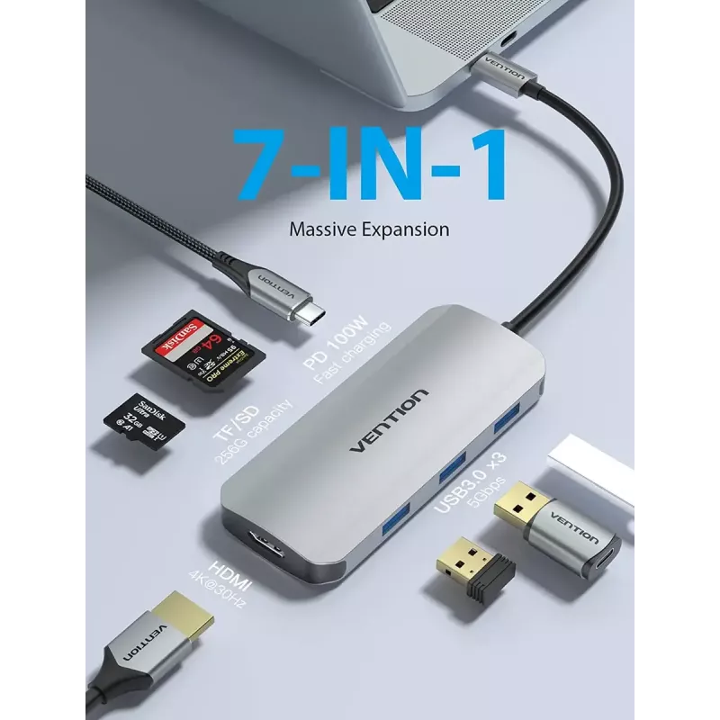 Docking Station Vention USB-C auf HDMI USB 3.0x3 SD TF PD 100W Grau