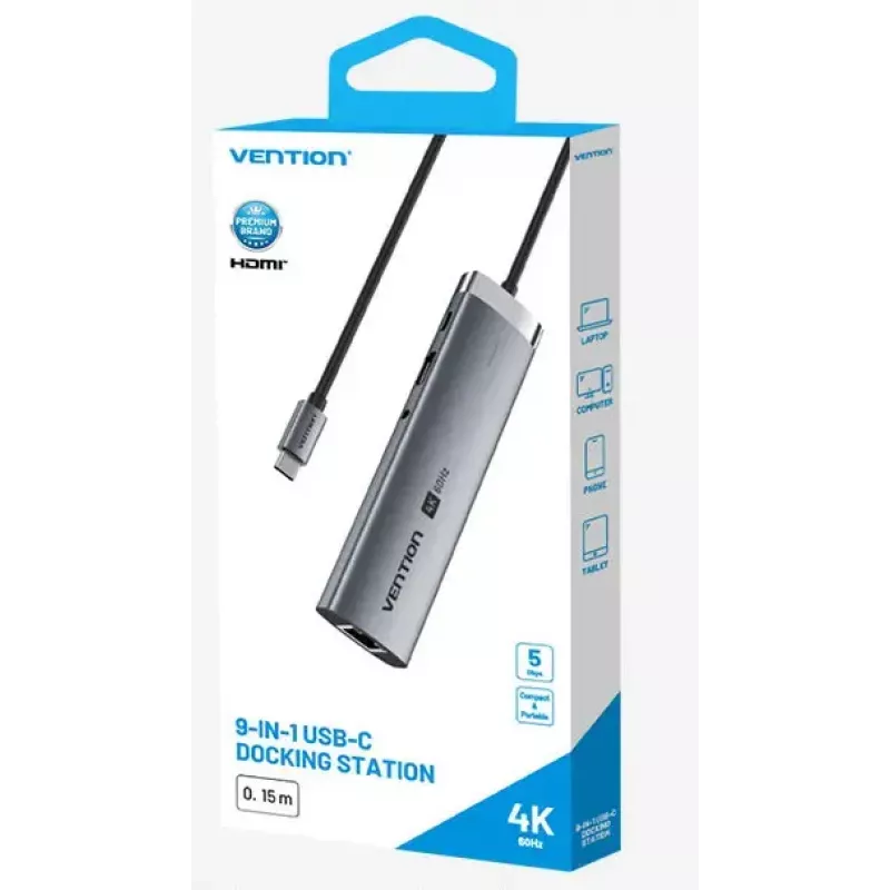 Dockingstation Vention 9-in-1 USB-C TGVHB — RJ-45, HDMI 4K@60Hz, USB 3.2 Gen1, SD/MicroSD, 1x USB-C
