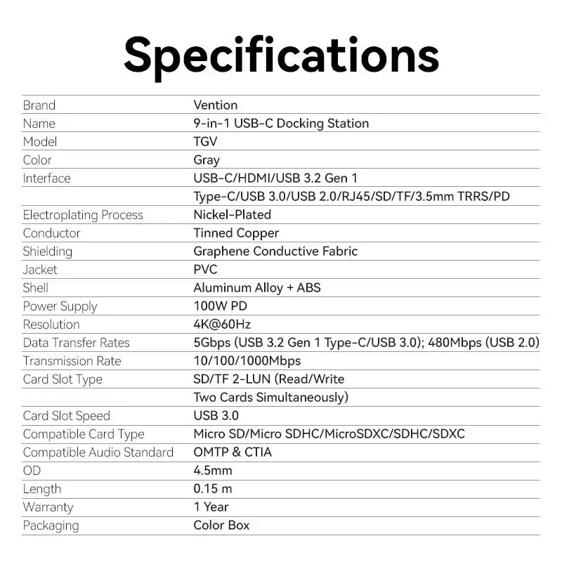 Dockingstation Vention 9-in-1 USB-C TGVHB — RJ-45, HDMI 4K@60Hz, USB 3.2 Gen1, SD/MicroSD, 1x USB-C