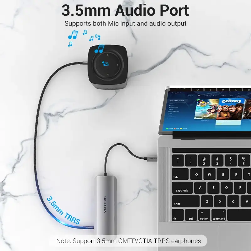 Dockingstation Vention Multifunktions-USB-C auf HDMI USB3.0x3 RJ45 SD TF TRRS 3,5mm PD 0,15M Grau Aluminiumlegierung