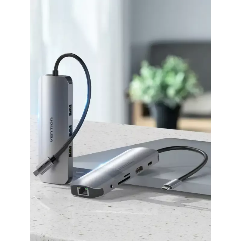 Dockingstation Vention Multifunktions-USB-C auf HDMI USB3.0x3 RJ45 SD TF TRRS 3,5mm PD 0,15M Grau Aluminiumlegierung