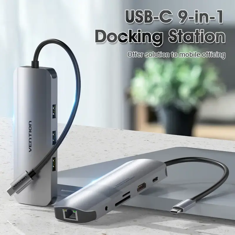 Dockingstation Vention Multifunktions-USB-C auf HDMI USB3.0x3 RJ45 SD TF TRRS 3,5mm PD 0,15M Grau Aluminiumlegierung