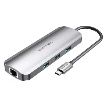 Dockingstation Vention Multifunktions-USB-C auf HDMI USB3.0x3 RJ45 SD TF TRRS 3,5mm PD 0,15M Grau Aluminiumlegierung