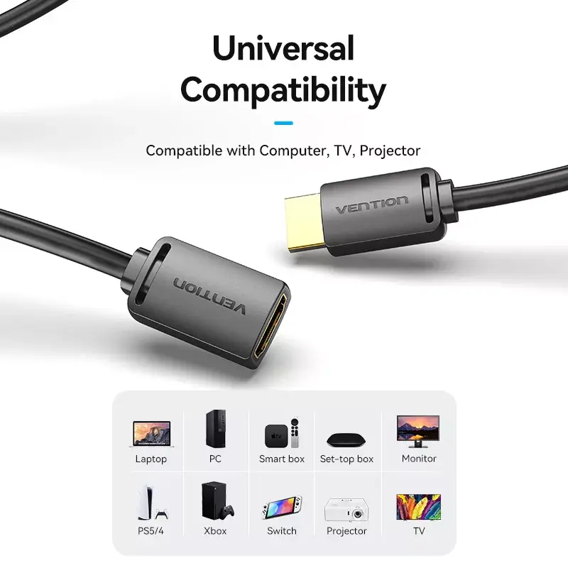 HDMI-Kabel Vention HDMI-A Stecker auf HDMI-A Buchse 2 m, HDMI 2.0 18 Gbit/s, 4K, vergoldete Kontakte, schwarz