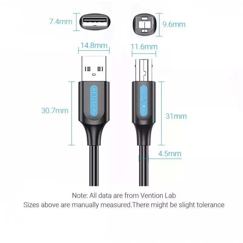 USB 2.0 A Stecker auf B Stecker Kabel Vention COQBJ, 0,5 m, Schwarz, PVC-Mantel, 2 A, 0,48 Gbit/s