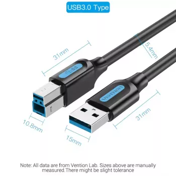 Vention USB 3.0 A auf B Kabel 3 m — USB 3.2 Gen 1 (5 Gbit/s), Schwarz, vernickelte Steckverbinder