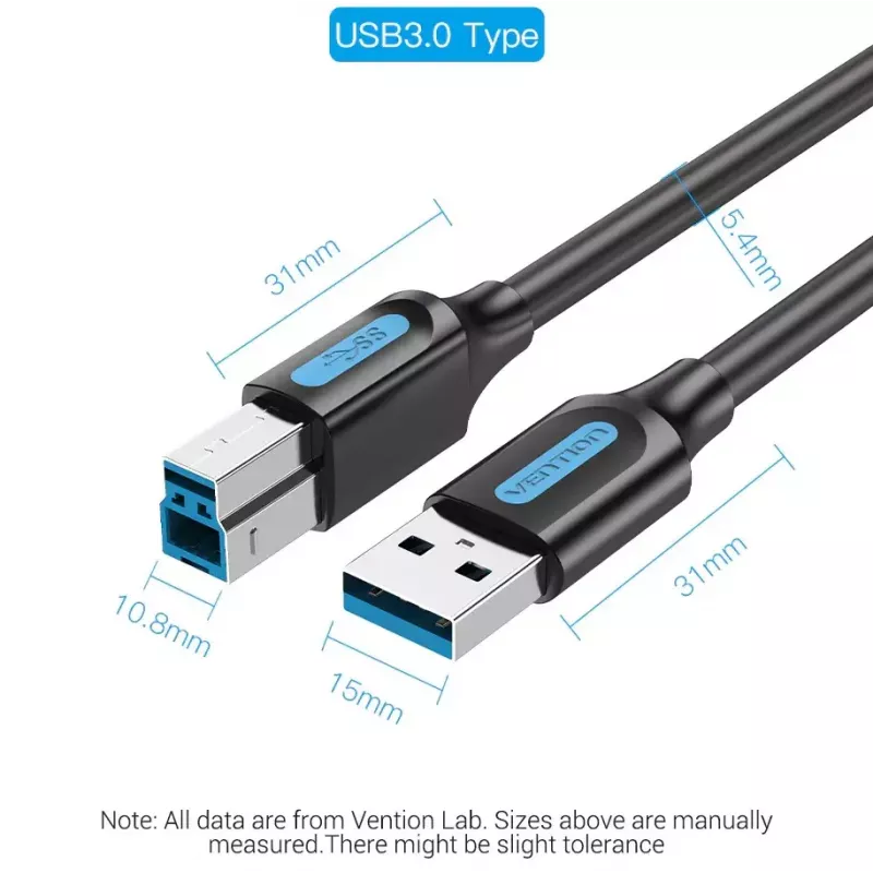 Vention USB 3.0 A auf B Kabel 3 m — USB 3.2 Gen 1 (5 Gbit/s), Schwarz, vernickelte Steckverbinder