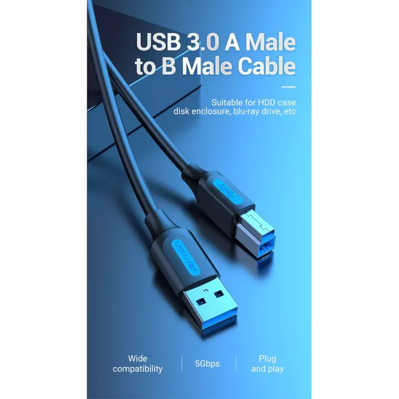 Vention USB 3.0 A auf B Kabel 3 m — USB 3.2 Gen 1 (5 Gbit/s), Schwarz, vernickelte Steckverbinder