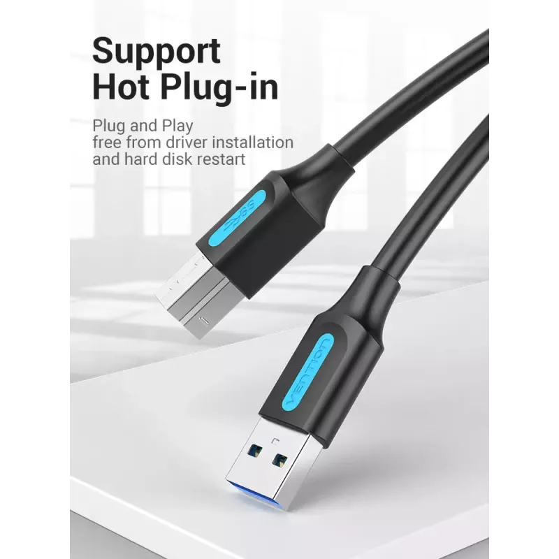Vention USB 3.0 A auf B Kabel 3 m — USB 3.2 Gen 1 (5 Gbit/s), Schwarz, vernickelte Steckverbinder